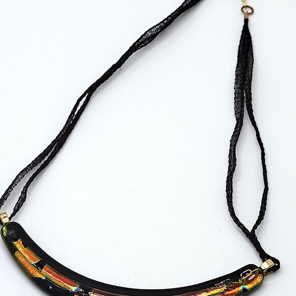 Curved Dichroic Fused Glass Pendant Gauze Double Strand Necklace 17" Signed TB - Picture 4 of 12